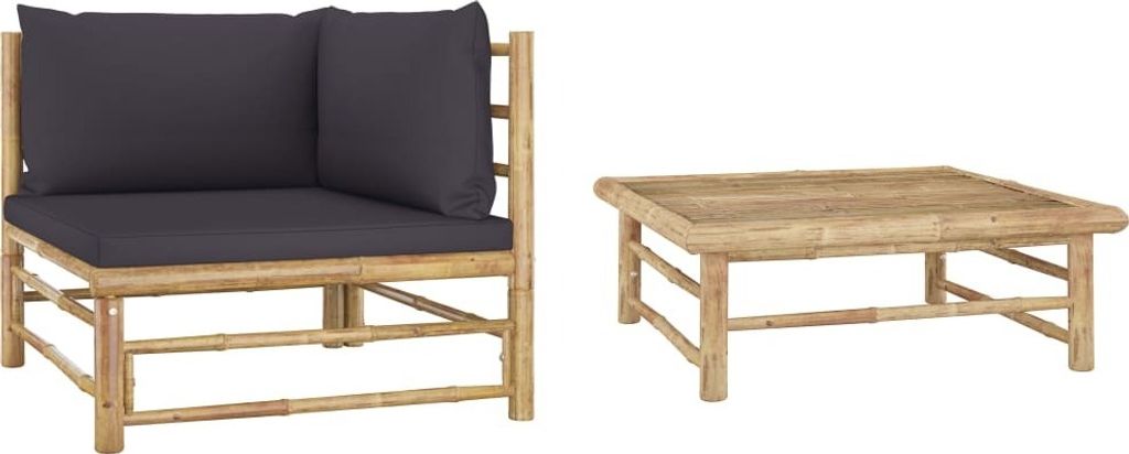 2-tlg. Garten-Lounge-Set mit Dunkelgrauen Kissen Bambus