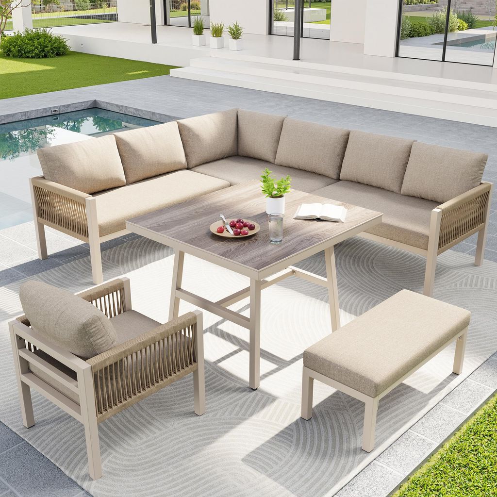 Merax L-Form Gartensofa Set mit Eisenrahmen, wetterfeste Gartenlounge handgeflochten für 8 Personen, Tisch mit Marmor-Glasplatte und Sesseln, Beige