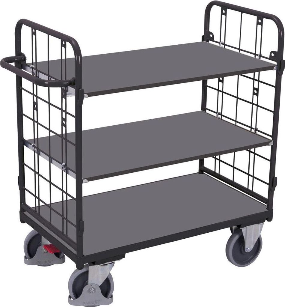 VARIOfit Etagenwagen, niedrig, Stirnwände vergittert mit 3 Etagen 850x500mm Anthrazitgrau RAL 7016