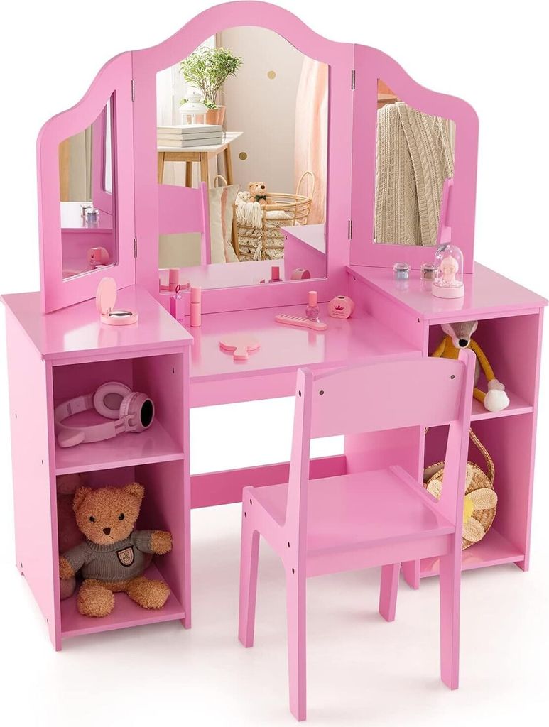 GOPLUS Kinder Schminktisch mit Stuhl, Prinzessin Frisiertisch mit mit abnehmbarem Spiegel, Kosmetiktisch Holz mit Hocker (Rosa)