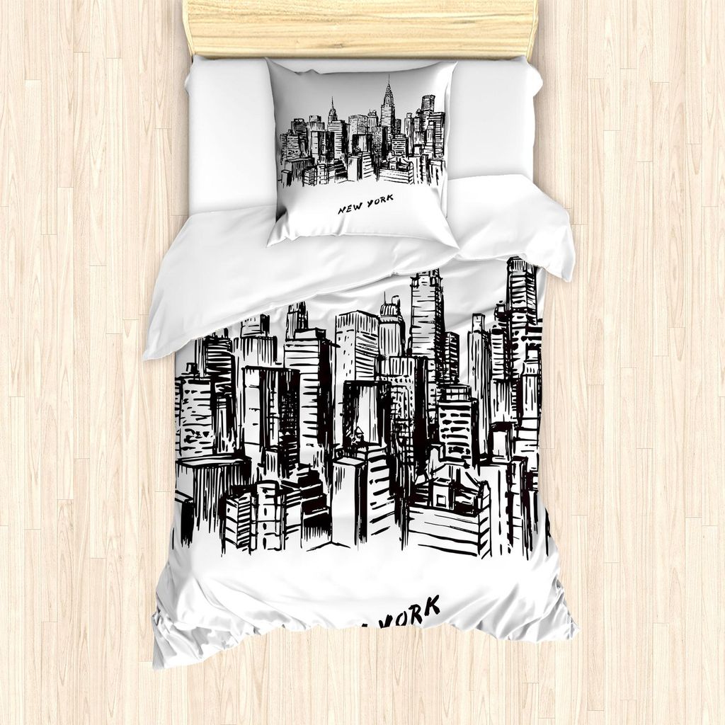 ABAKUHAUS Stadt Bettbezug Set, Hand gezeichnete Skizze von New York Skyscape Gebäude und Wolkenkratzer Drucken, 135 x 200 cm + 80 x 80 cm, Charcoa...
