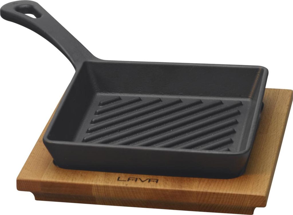 LAVA METAL Gusseiserne Grillpfanne 16x16cm mit Holzboden