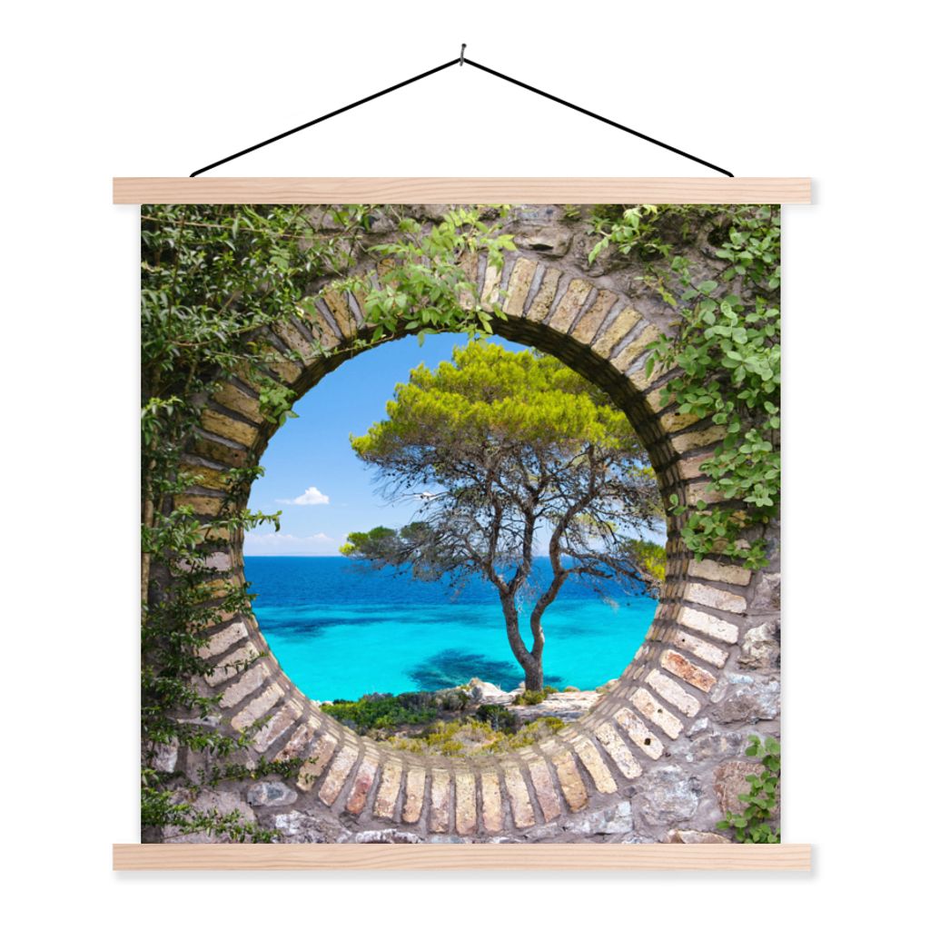 MuchoWow Textilposter Meer - Baum - Tropisch - Ausblick 120x120 cm mit holzfarbenen Rahmen - Textil-Poster