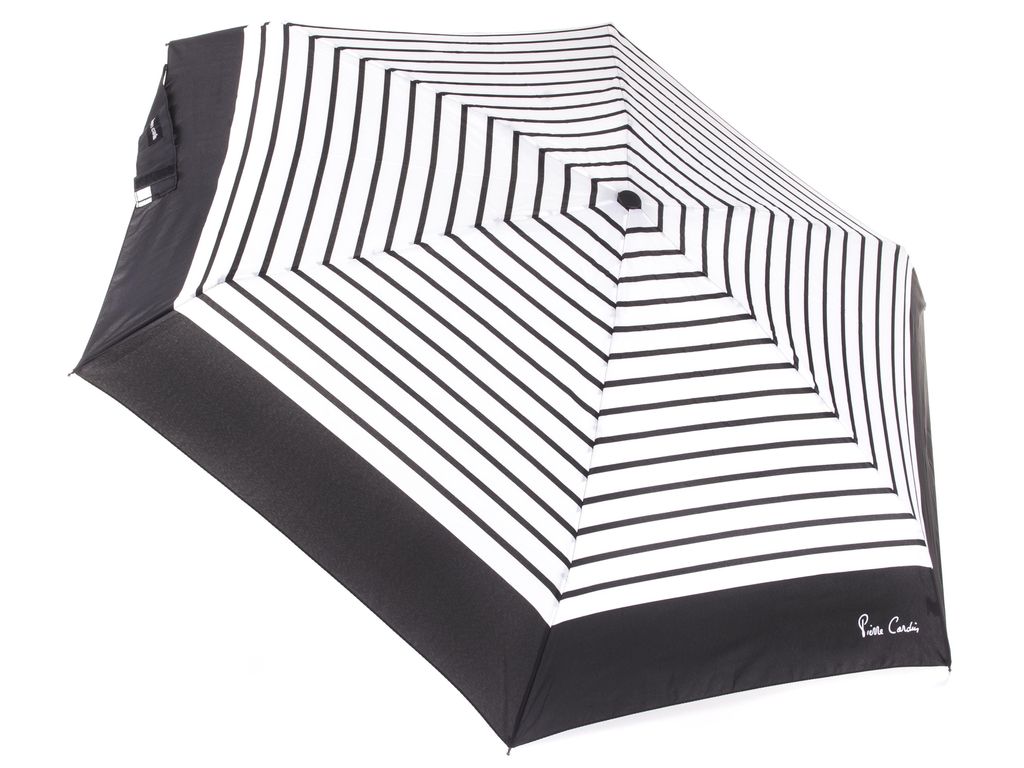 Pierre Cardin Mini Regenschirm Taschenschirm Handöffner weiß mit schwarzen Streifen und schwarzem Rand