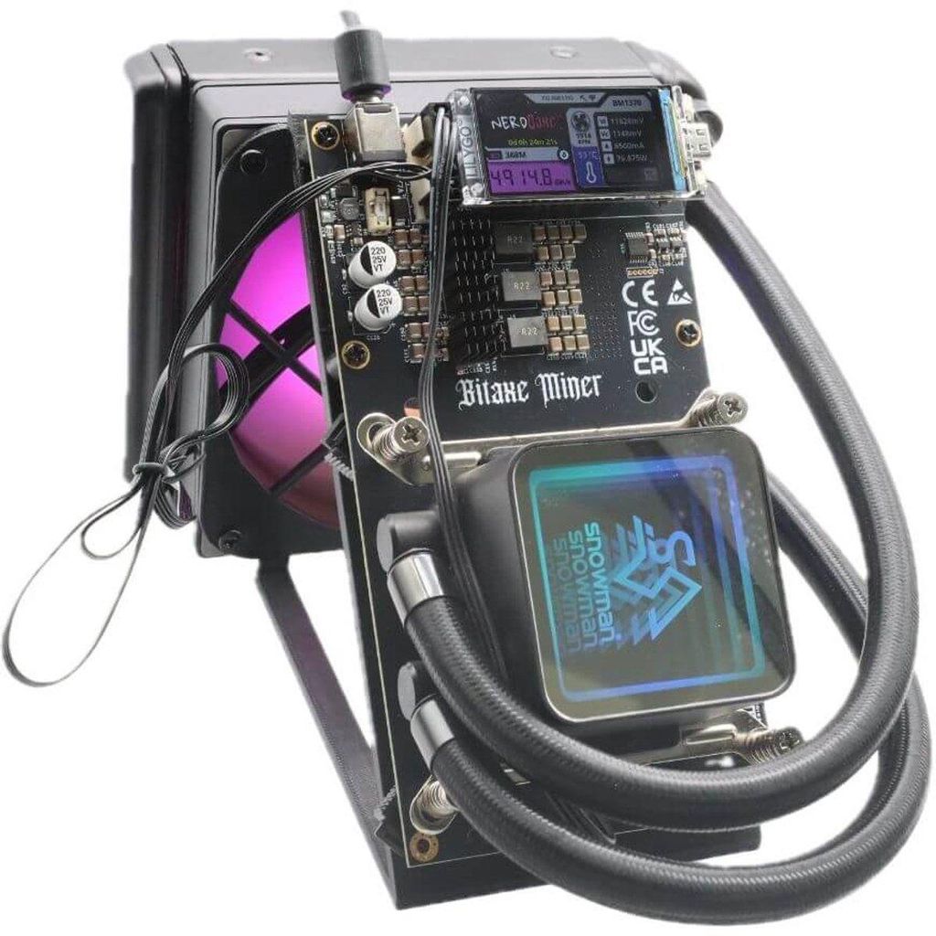 A close-up view of a Bitcoin mining device with a fan and digital displays.