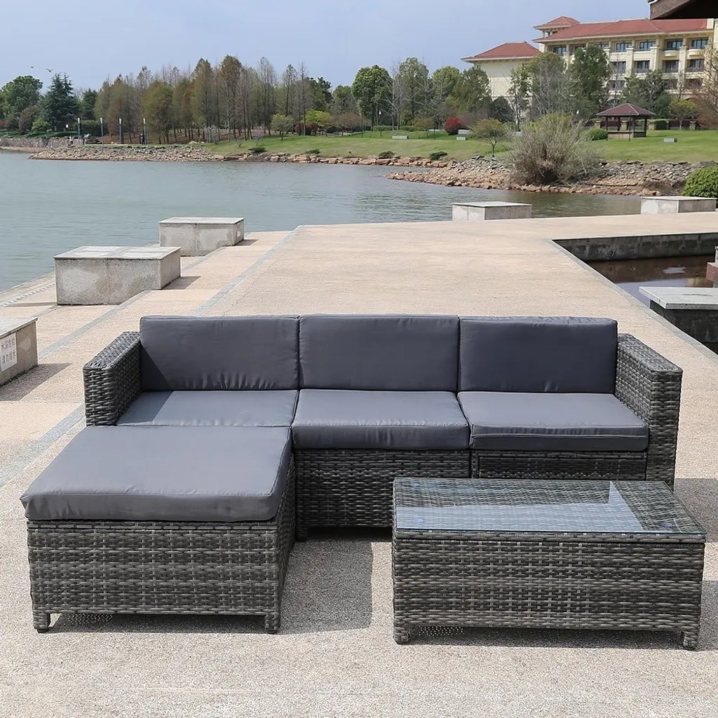Ensemble Canapé de Jardin Lounge en Polyrotin Gris avec Table Basse - 2