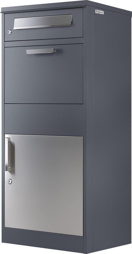 A dark gray parcel mailbox with stainless steel elements.