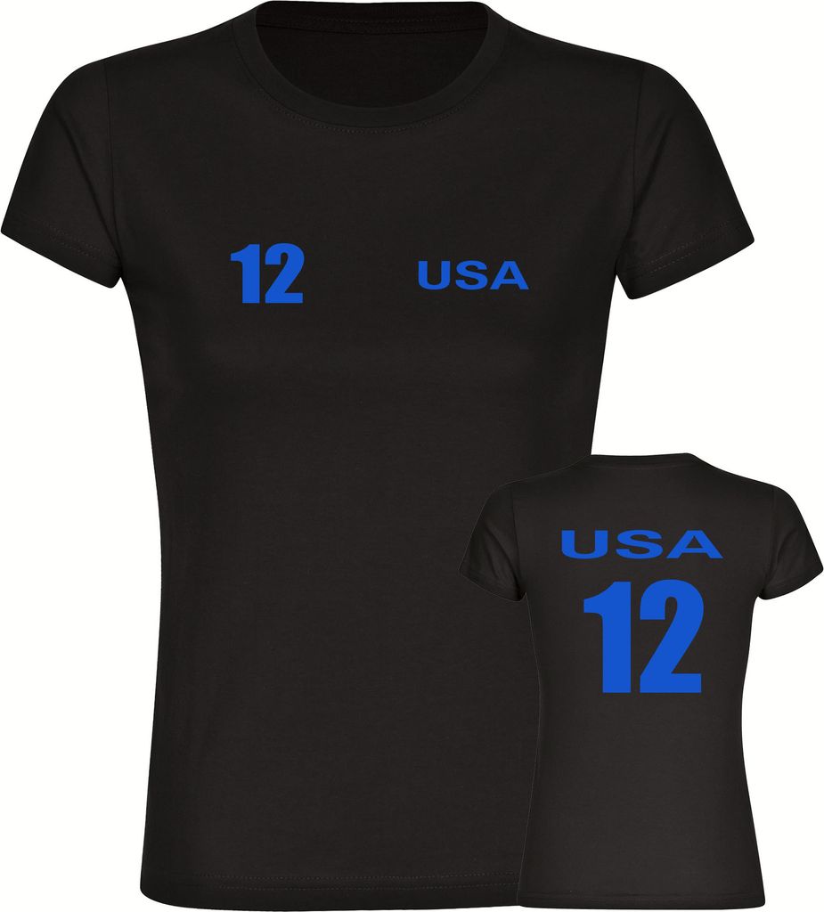 multifanshop Damen T-Shirt - USA - Trikot Nummer 12, schwarz, Größe 3XL