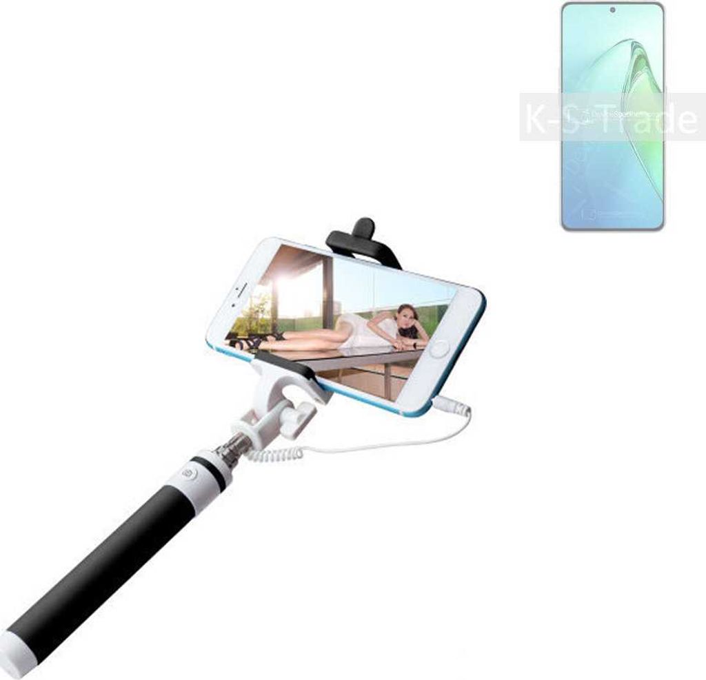 K-S-Trade Selfie Stick kompatibel mit Oppo Reno8 Pro+ Selfiestick kabelgebunden Monopod mit Kabel Stab Stange Selfportrait Handheldstick schwarz 1x