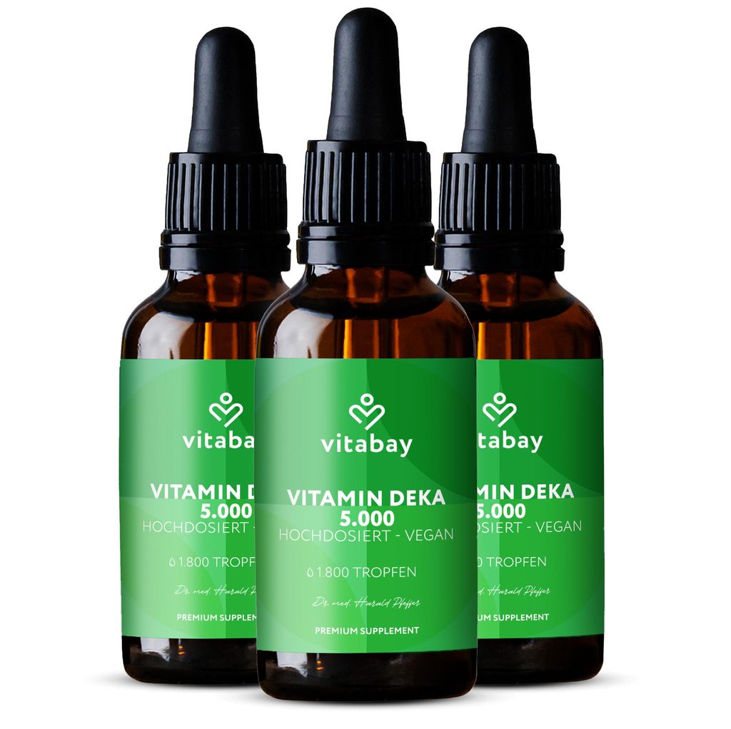 Vitabay Vitamin DEKA Öl 5.000 – 180 ml / 5.400 Tropfen – 3er Pack – alle 4 fettlöslichen Vitamine D3+K2+A+E in MCT-Öl – hochdosiert vegan