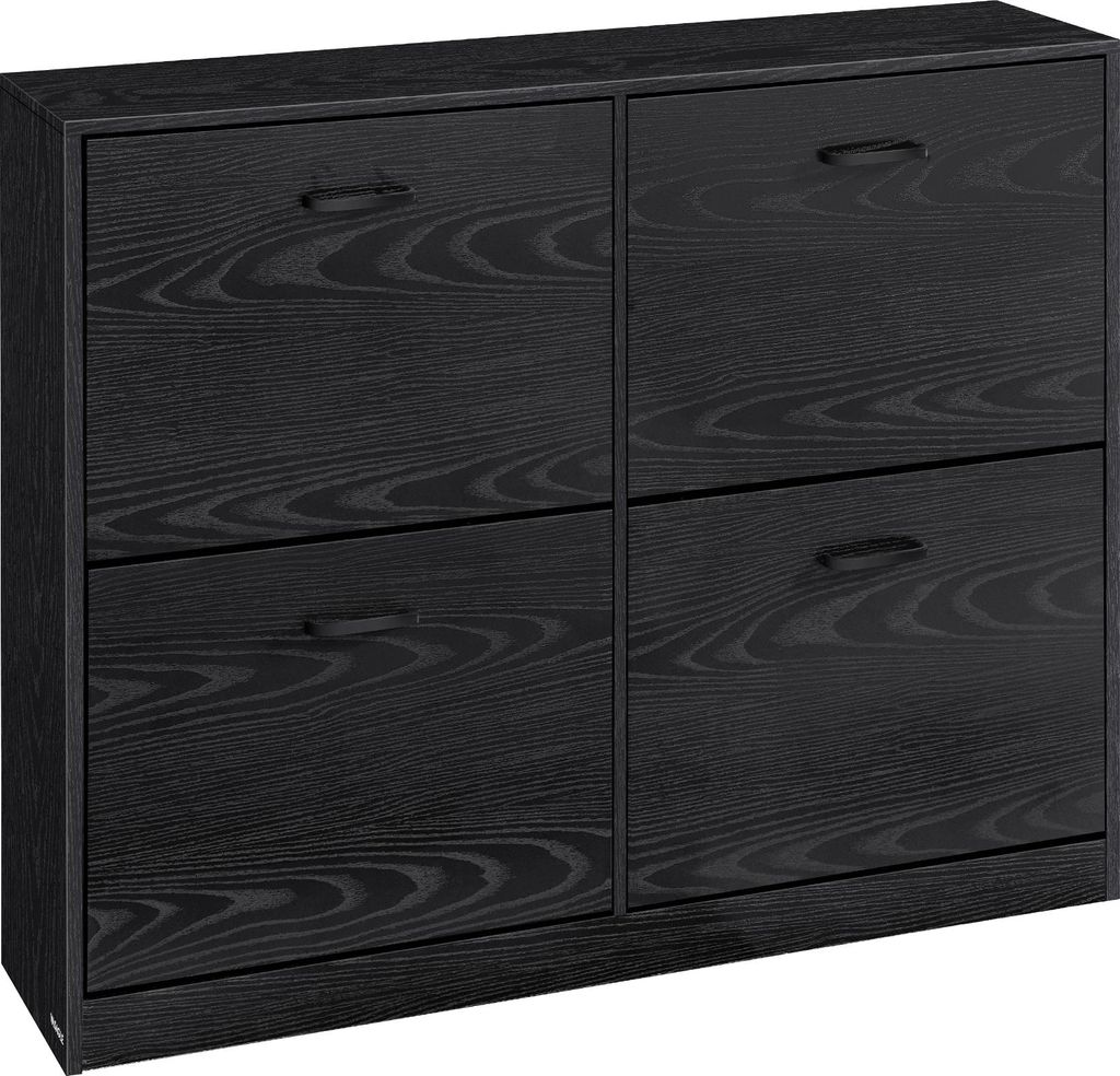 A black wooden shoe cabinet with four flip-down drawers.