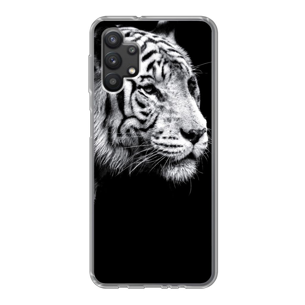 MuchoWow Handyhülle Schutzhülle Hülle für Samsung Galaxy A32 5G Studioaufnahme eines weißen Tigers auf schwarzem Hintergrund Silikon Softcas...