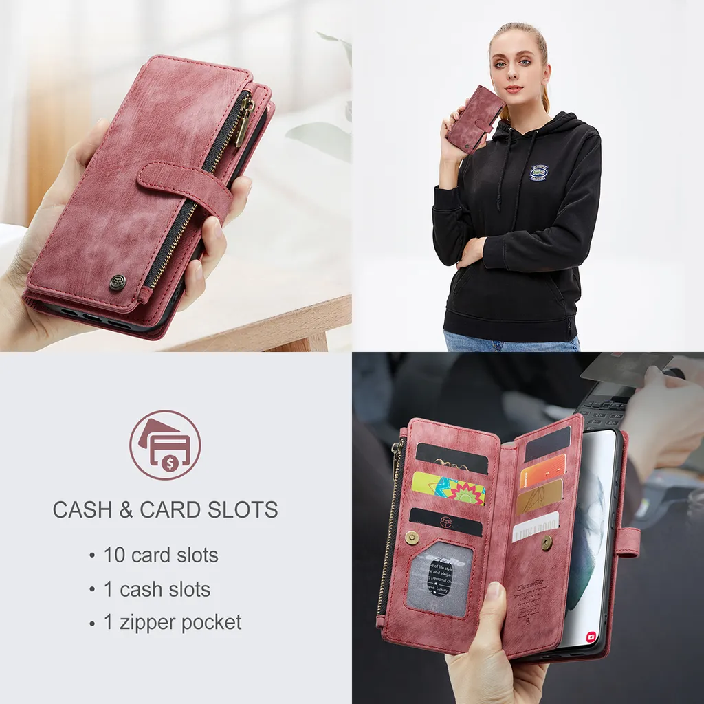 Galaxy S21 FE 5G custodia per telefono cellulare, chiusura a zip custodia in Finto cuoio flip cover chiusura magnetica porta carte funzione stand portafoglio custodia protettiva per Samsung Galaxy S21 FE 5G rosso - 5