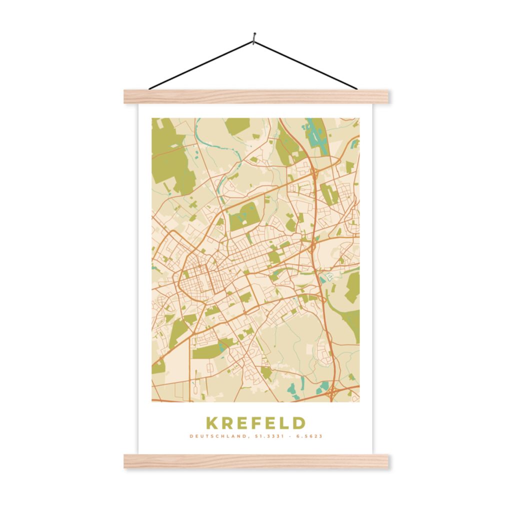 MuchoWow Textilposter Stadtplan - Krefeld - Karte - Vintage 120x180 cm mit holzfarbenen Rahmen - Textil-Plakat
