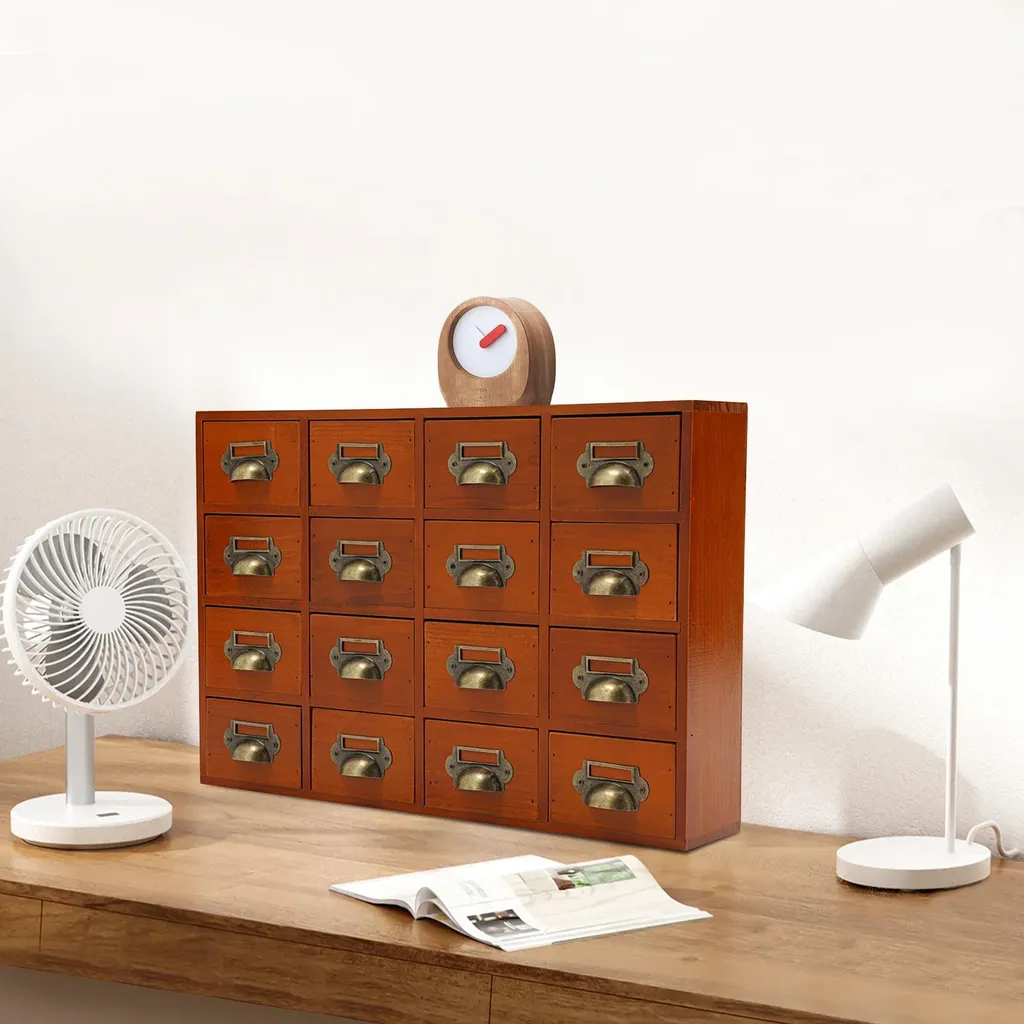 Boîte de rangement épices et médicaments 16 tiroirs en bois brun
