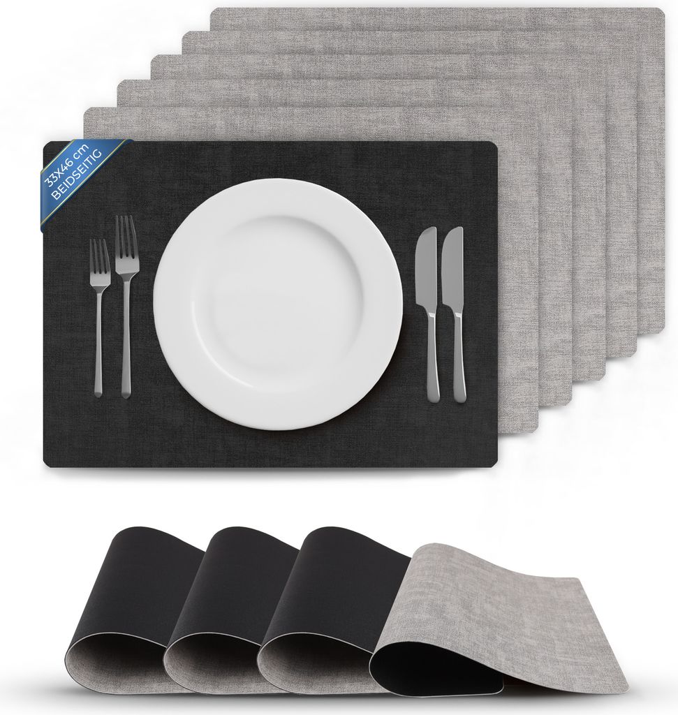 Tischsets Schwarz/Hellgrau doppelseitig (Struktur) 6er Set 46x33 cm, Tischunterlage Lederoptik, Platzset abwischbar
