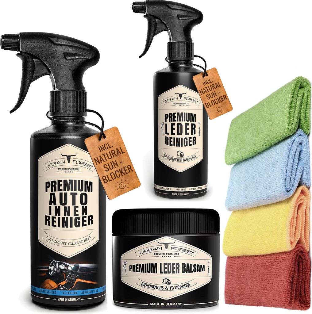URBAN Forest Profi Auto Innenraum Pflegeset | Cockpit Reiniger/Auto Innen Reiniger + Leder Reiniger + Lederbalsam + 4 Mikrofasertücher