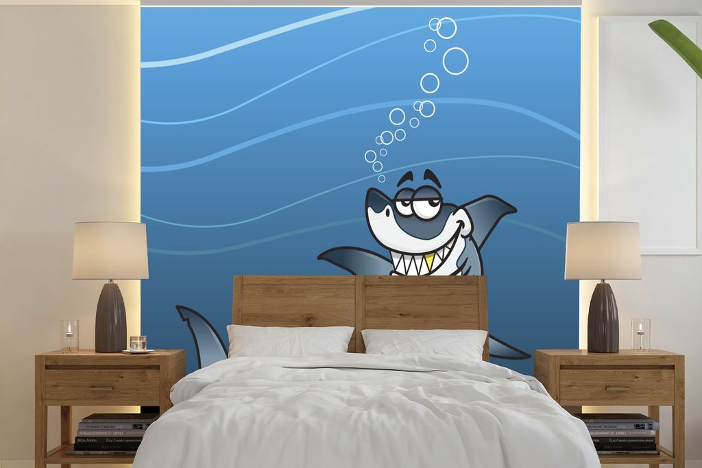 MuchoWow Fototapete für Wohnzimmer oder Schlafzimmer Wandtapete Vinyl Motivtapete Eine Illustration eines lachenden weißen Hais im Meer - 280x2...