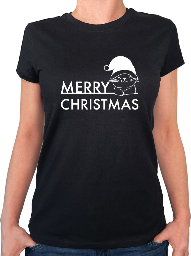 Huuraa Damen T-Shirt Merry Christmas Katze S Black Bio Baumwolle Fairtrade Damenshirt Geschenkidee