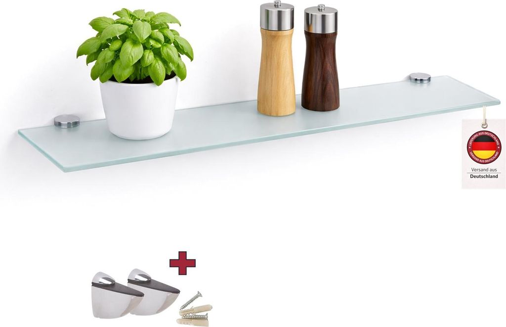 HOOZ Glasregal Wandregal ESG-Sicherheitsglas 6 mm – Schweberegal mit Halterungen, weiße Glasablage für Bad, Küche & Wohnzimmer, 60 x 18 cm