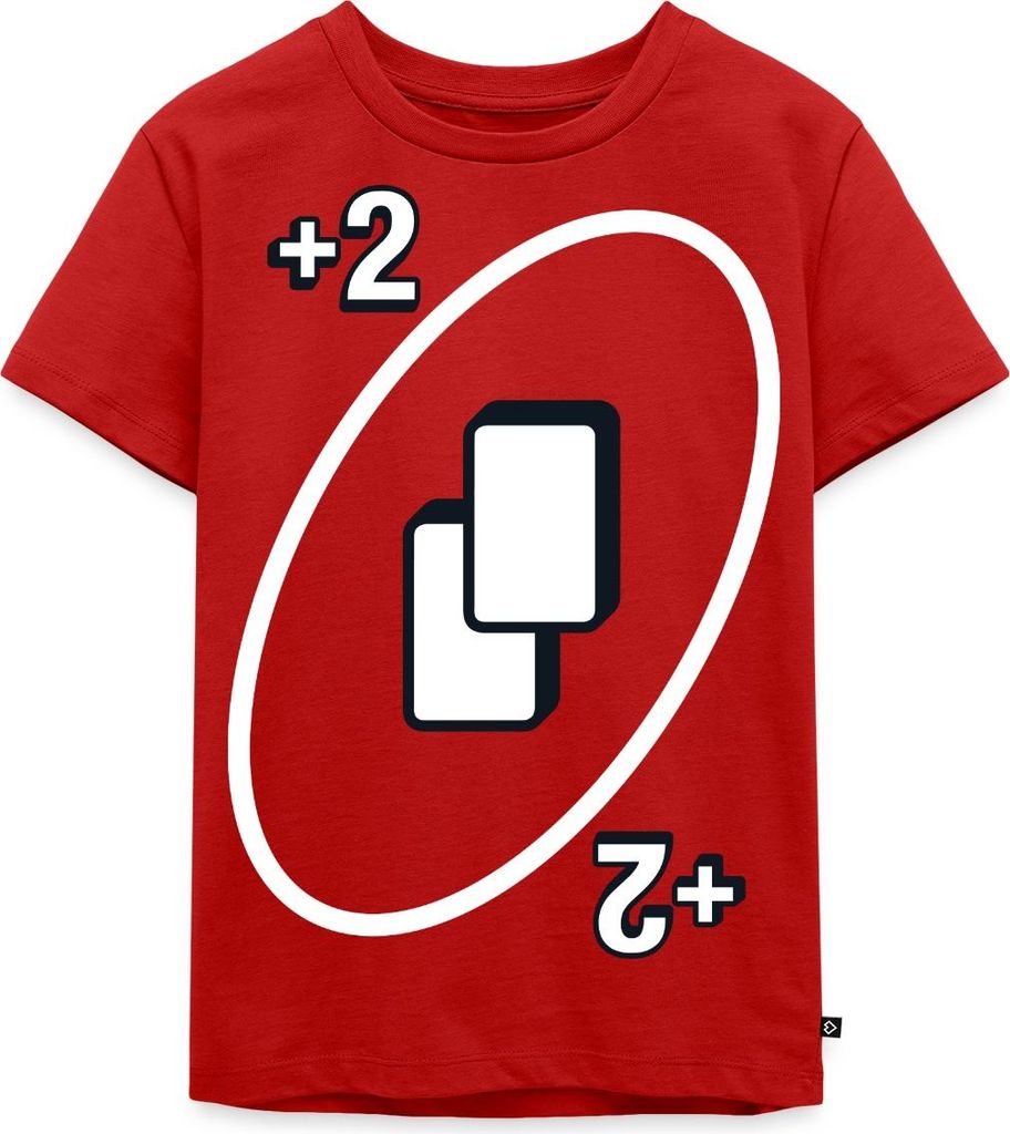 Spreadshirt UNO Karten Kostüm +2 Zwei-Ziehen-Karte Kinder Premium T-Shirt, 134/140 (8 Jahre), Rot