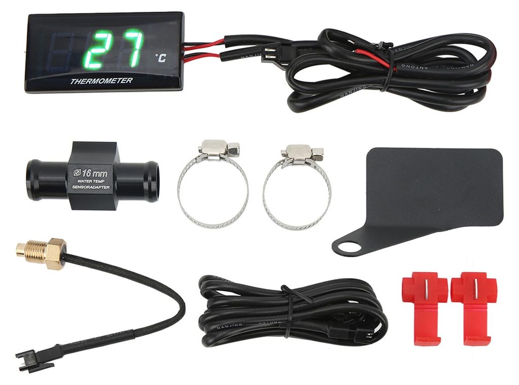 Universelles, schlankes Wassertemperaturmessgerät mit DC12V-LCD-Bildschirm für Motorräder mit 16-mm-T-Stück und grüner Hintergrundbeleuchtung