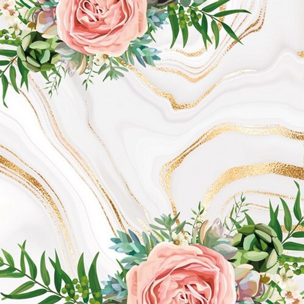 20 Servietten Pink Roses on Grey & Gold Marble - Rosen an goldenen Streifen 33x33cm