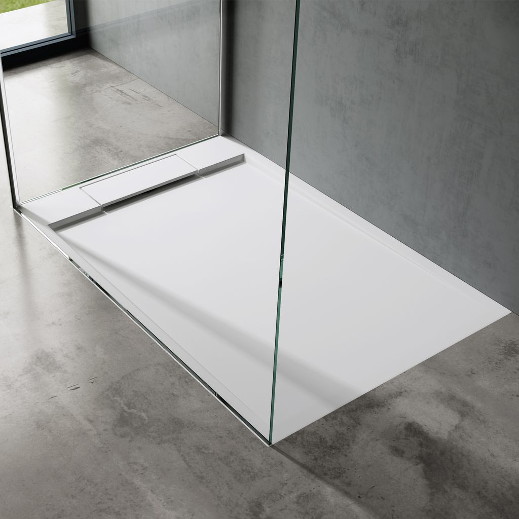 doporro Duschtasse Duschwanne 90x140x4 flach Mineralguss in Weiß DIN-Anschlüsse für bodengleiche Montage geeignet Geoma04