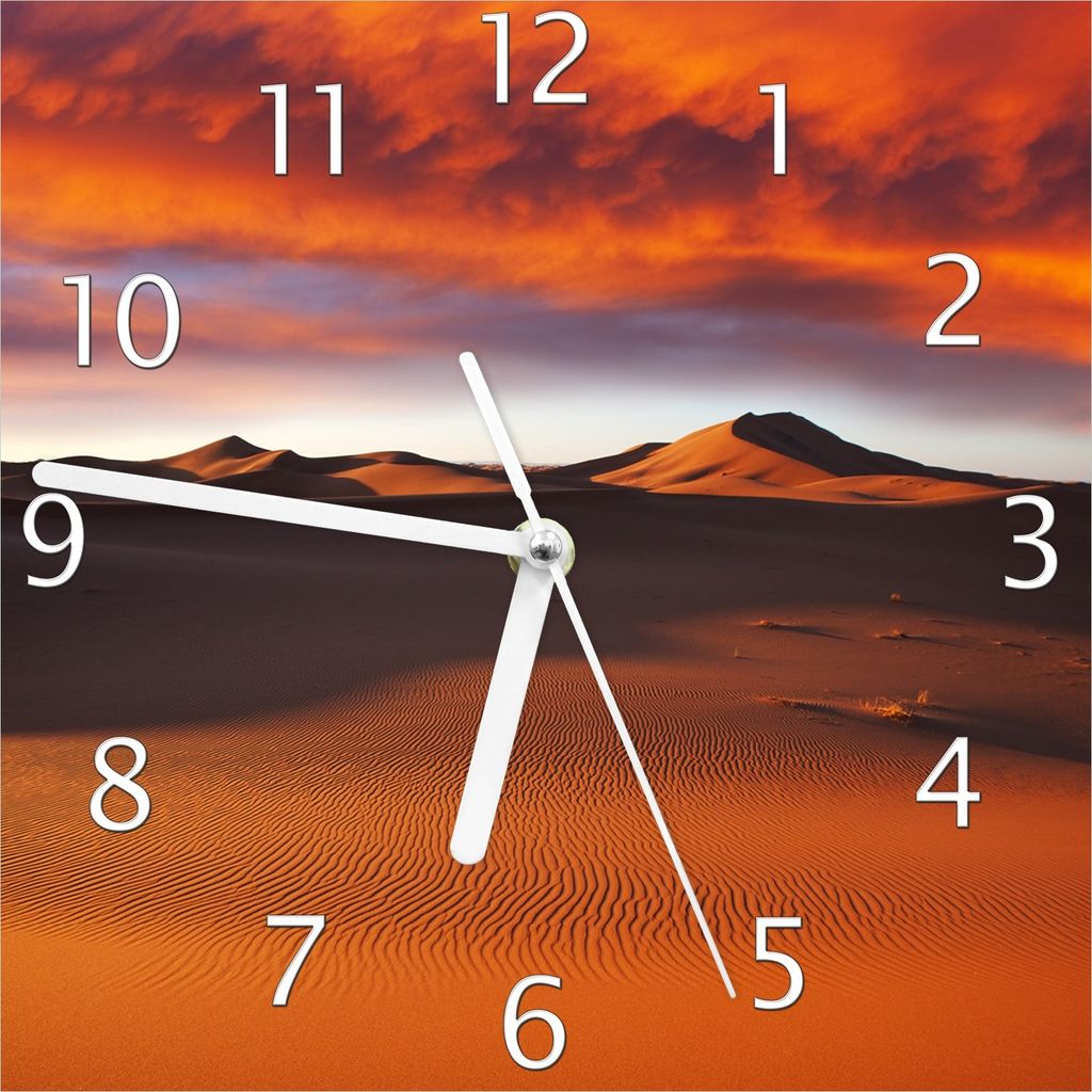 Wallario Design Wanduhr Sahara Wüste II - Sanddünen im Sonnenuntergang aus Echtglas, Größe 20 x 20 cm