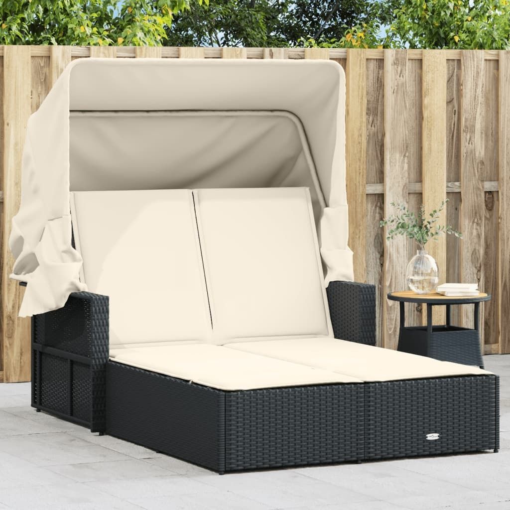 Maison Exclusive - Doppel-Sonnenliege mit Dach und Auflagen Schwarz Poly Rattan