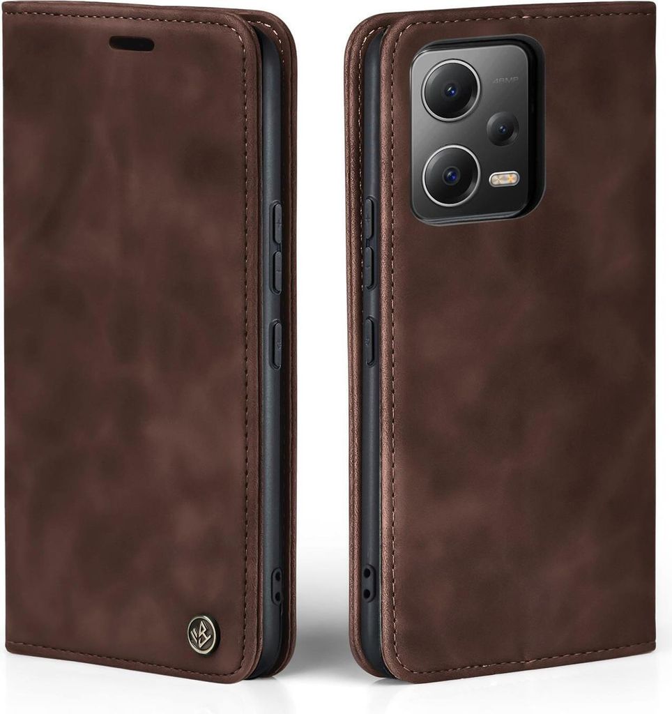A brown flip case for a smartphone is shown from two angles.