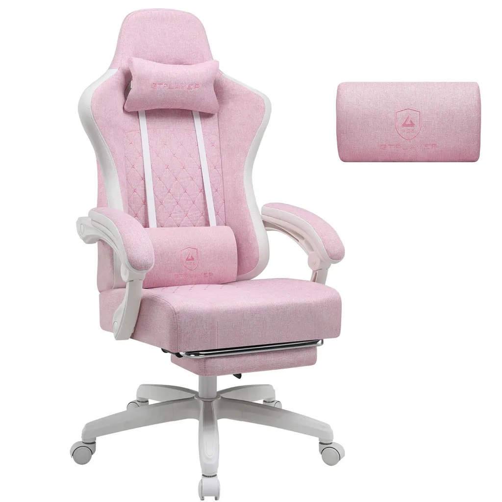 GTPLAYER Fauteuil Gaming en Tissu Rose et Blanc avec Ressorts Ensachés
