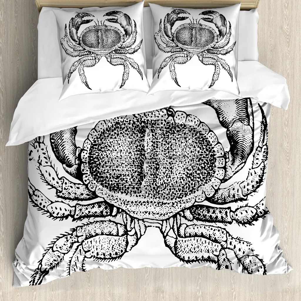 ABAKUHAUS Copripiumino con motivo granchi, design a tema frutti di mare, antiacaro e anallergico, con federe, 200 cm x 200 cm - 80 x 80 cm, bianco e nero