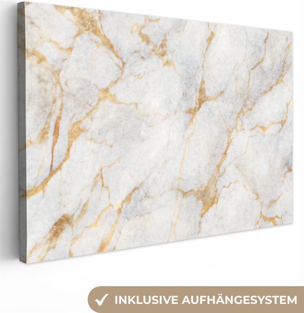 OneMillionCanvasses - Leinwandbilder - 140x90 cm, Marmor - Weiß - Gold - Abstrakt, Wandbilder Kunstdruck Wanddekoration - Foto auf Leinwand - Ge...