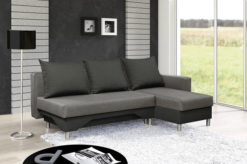 Kaiser Möbel Ecksofa mit schlaffunktion und bettkasten, Ecksofa L-Form, Eckcouch L-Form, Schlafsofa PRAKTIK Ottomane Rechts Grau
