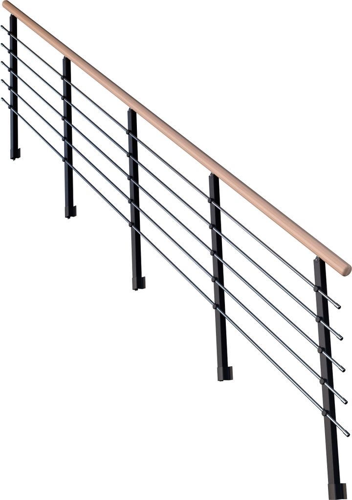 Treppengeländer Modell Kos Gerade-15 Stufen-Metall-Buche-Schwarz RAL 9005