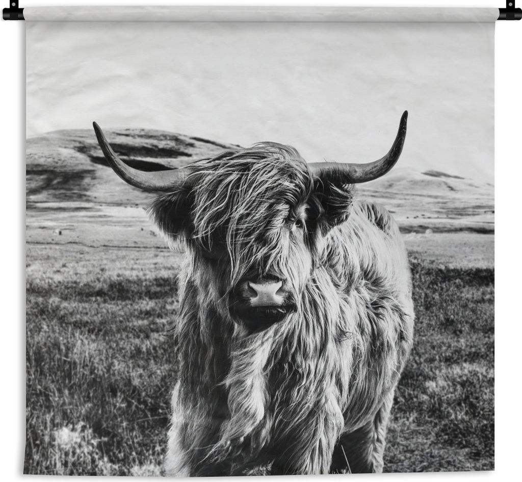MuchoWow Wandteppich Wandbehang Schwarz - Weiß - Schottischer Highlander - Gras 90x90 cm Tapisserie Dekoration Wandtuch - Wandaufhänger