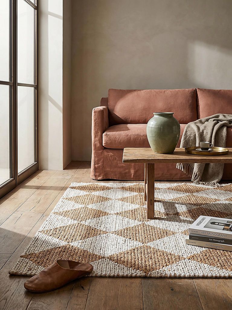 Teppich Jute Flachgewebe Rauten Muster, Wohnzimmer Beige Rechteckig 160x230 | 72% Jute, 28% Baumwolle | Florhöhe: 0 cm | Flachgewebt