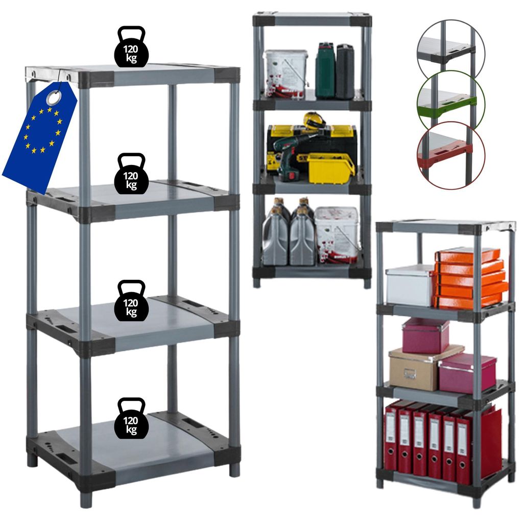 MODO24 Kunststoffregal, 4 Ablagen, 120kg/Boden, Schwerlast, Steckregal, Lagerregal, Plastikregal, Werkstatt, 138x50x46?cm, Grau, JUPITER
