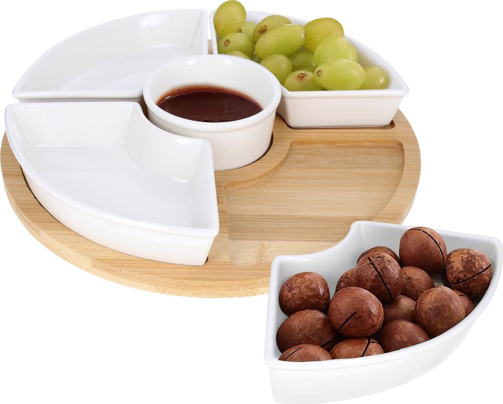Cheffinger, Set 4 Keramikschalen mit Bambus Untersetzer Robust Praktisch, Weiß