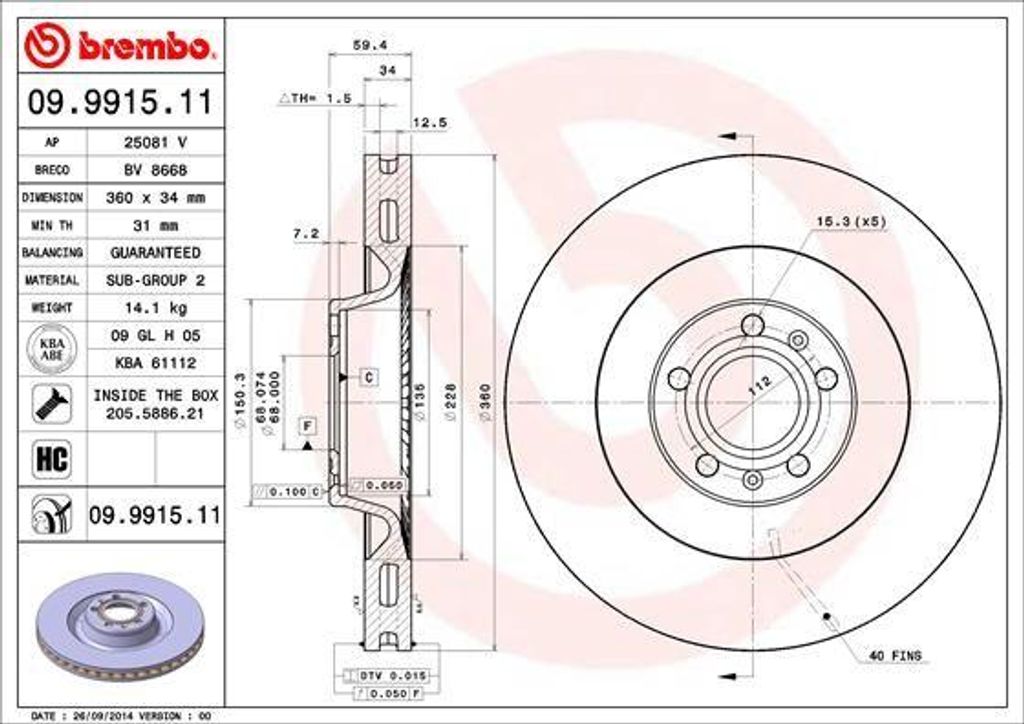 BREMBO 09.9915.11 Bremsscheibe OE 4E0615301A kompatibel mit Phaeton, A8 4E, A8 4D, A6 4F