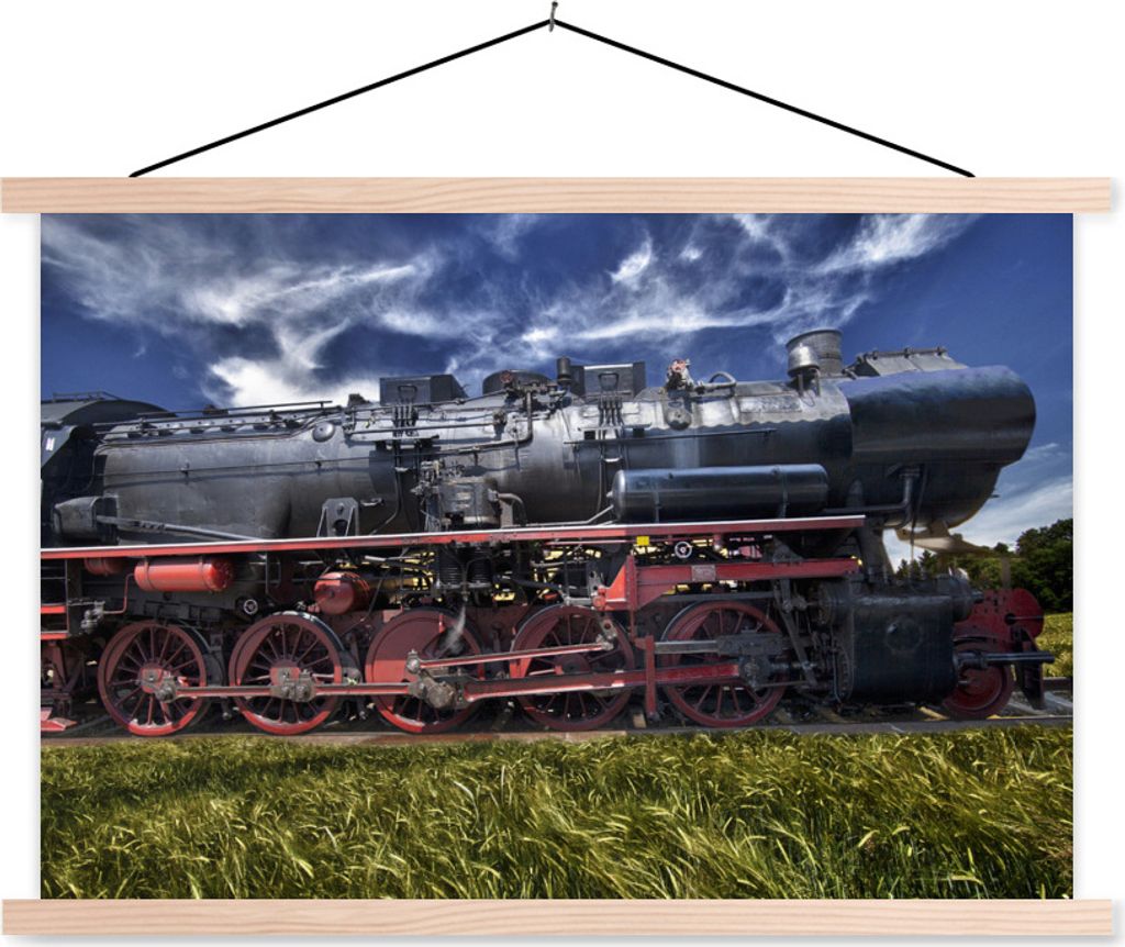 MuchoWow Textilposter Dampflokomotive auf einem Feld 150x100 cm mit holzfarbenen Rahmen - Posters