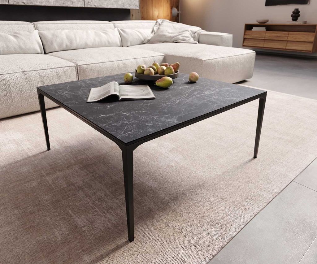DELIFE Couchtisch Levente 85x85 cm Keramik Laminam Nero Greco Anthrazit Gestell Metall Schwarz
