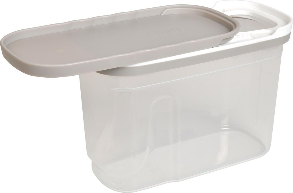 A clear, studio shot of a transparent plastic storage container with a gray lid.