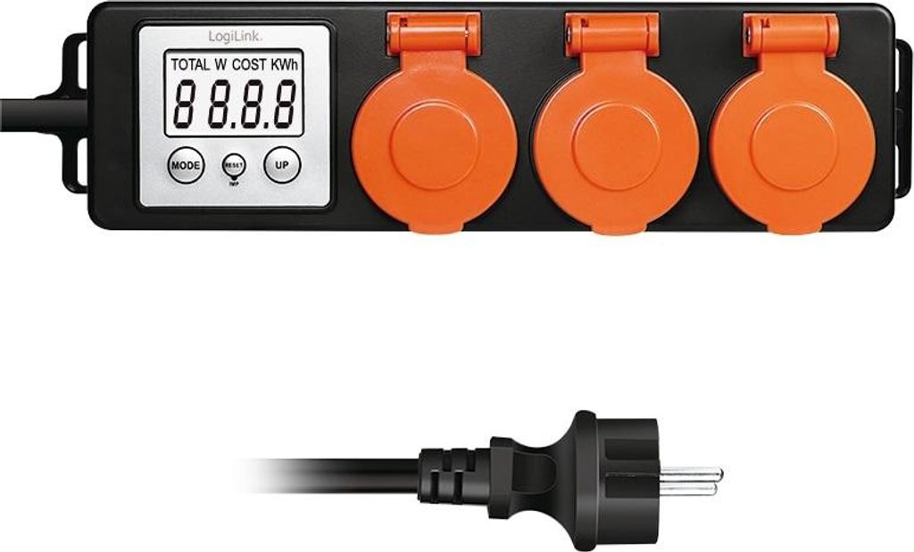 LOGILINK Außensteckdose EM0008, mit Energiekostenmesser, 2,0"-LCD, Schutzklappe, 3-Fach