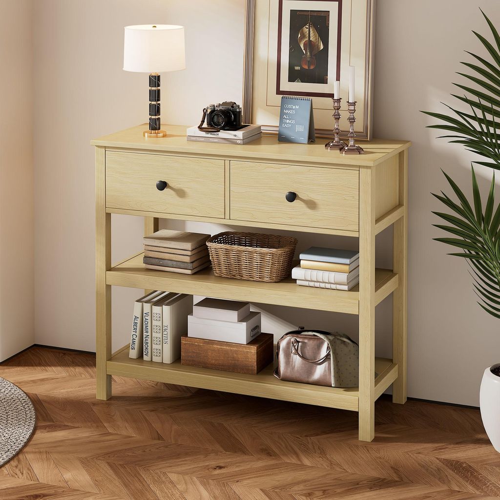 Fortuna Lai Retro-Konsolentisch, Konsolentisch Holz Schmal, Konsolentisch Mit Schubladen Und Offene Regale Für Flur, Eingang Und Wohnzimmer, Natur