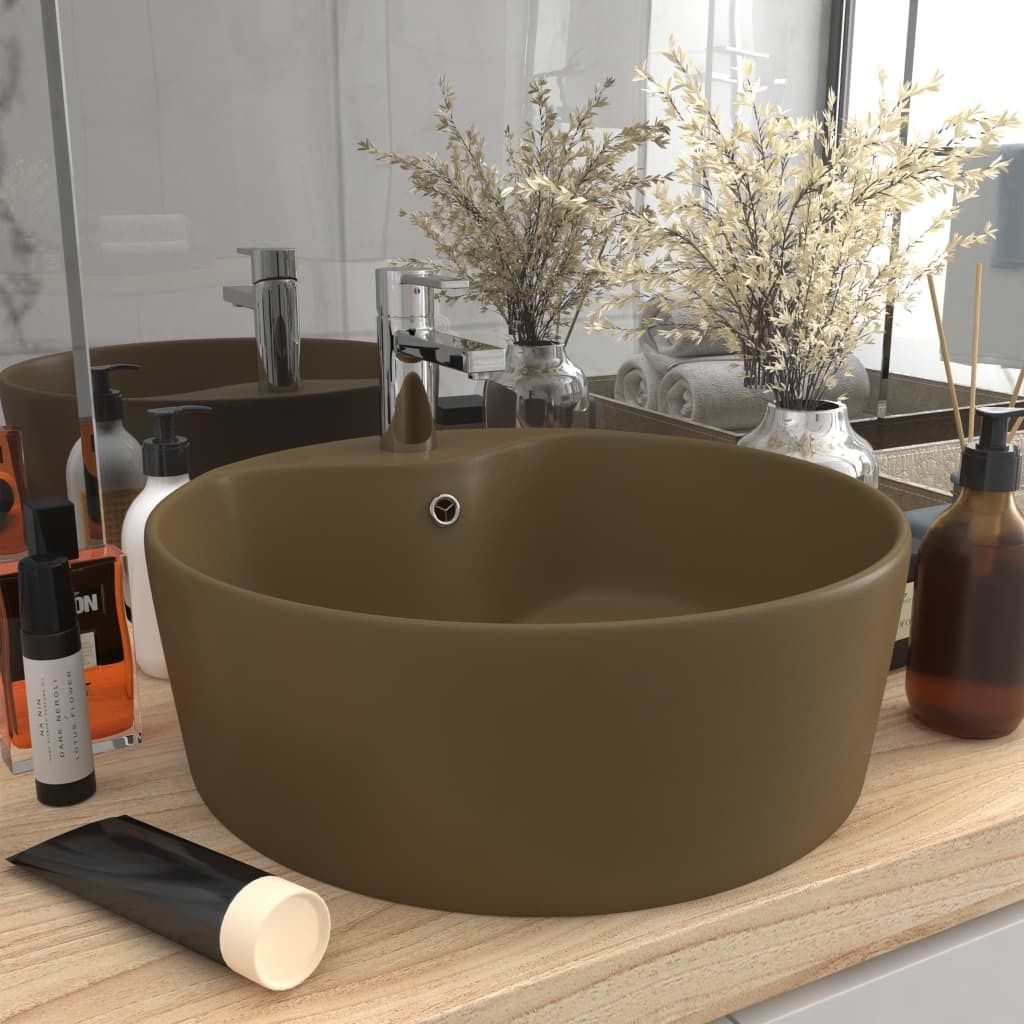 Luxus-Waschbecken mit š¹berlauf Matt Creme 36x13 cm Keramik - Aufsatzwaschbecken Design Waschschale Waschtisch