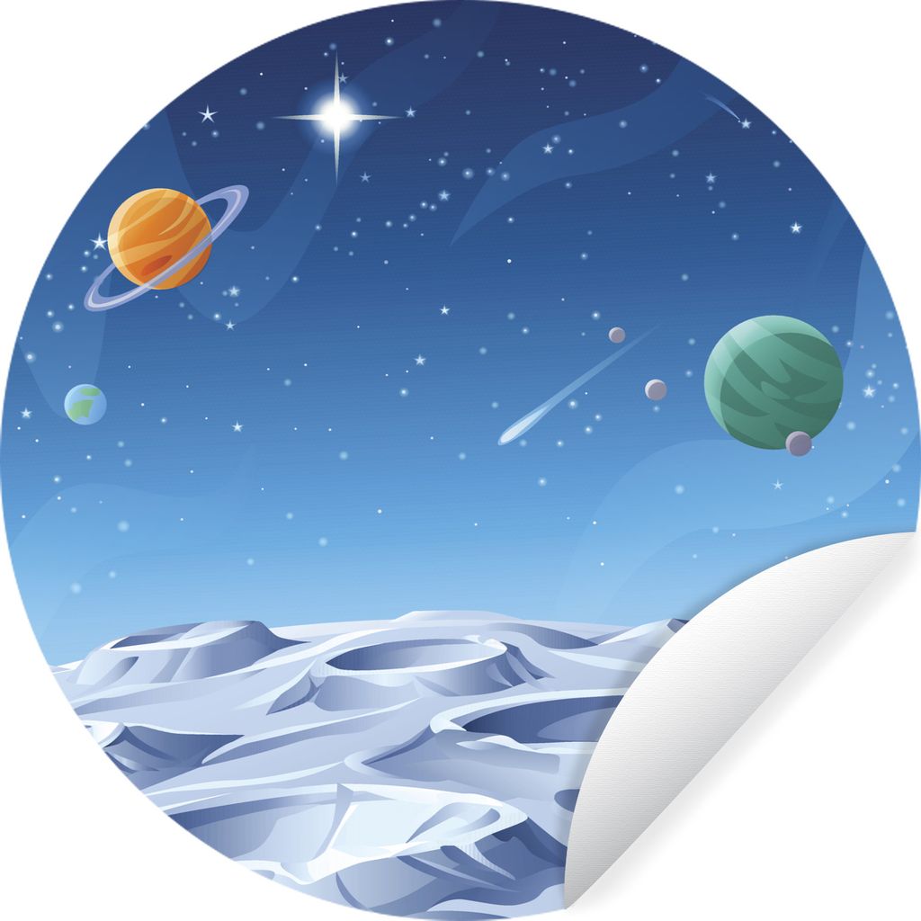MuchoWow Runde Wandtattoo - Wandsticker Tapete Aufkleber Eine Illustration des Mondes zwischen den Planeten Ø 100 cm Selbstklebend und Repositio...