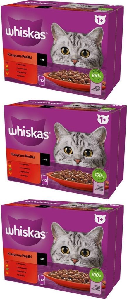 Whiskas Klassische Auswahl in Sauce Katzenfutter nass 36 Portionsbeutel à 85g (3-er Pack)