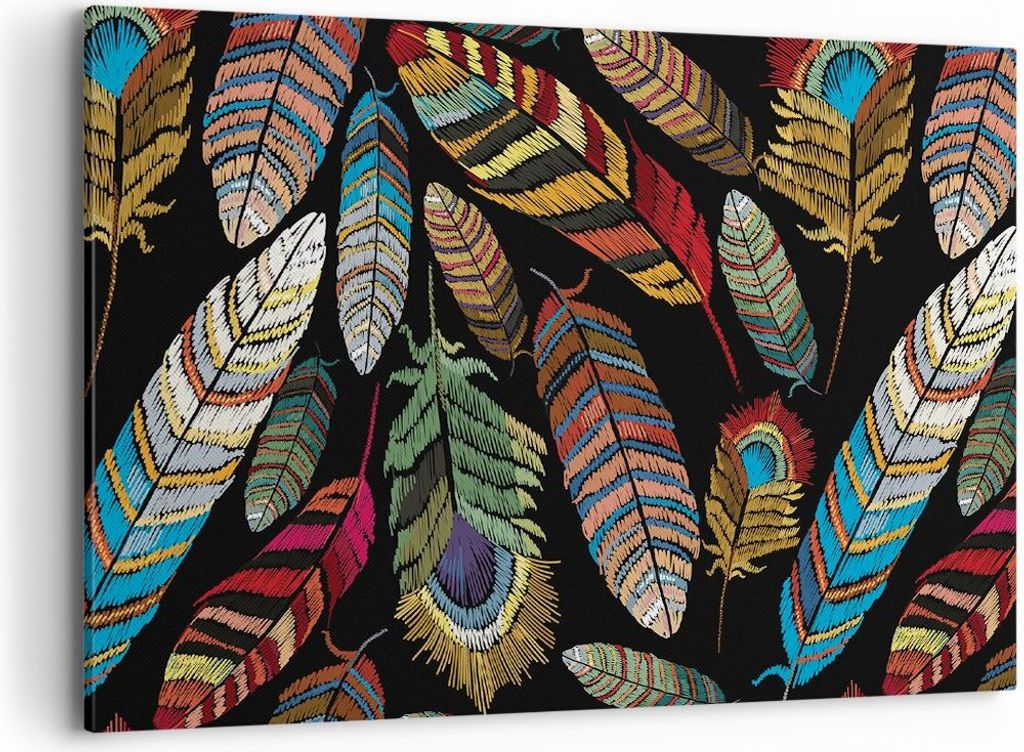 Bild auf Leinwand - Leinwandbild - Einteilig - Federn Bunt Stickerei - 100x70cm - Wand Bild - Wanddeko - Wandbilder - Leinwanddruck - Bilder - Wand...